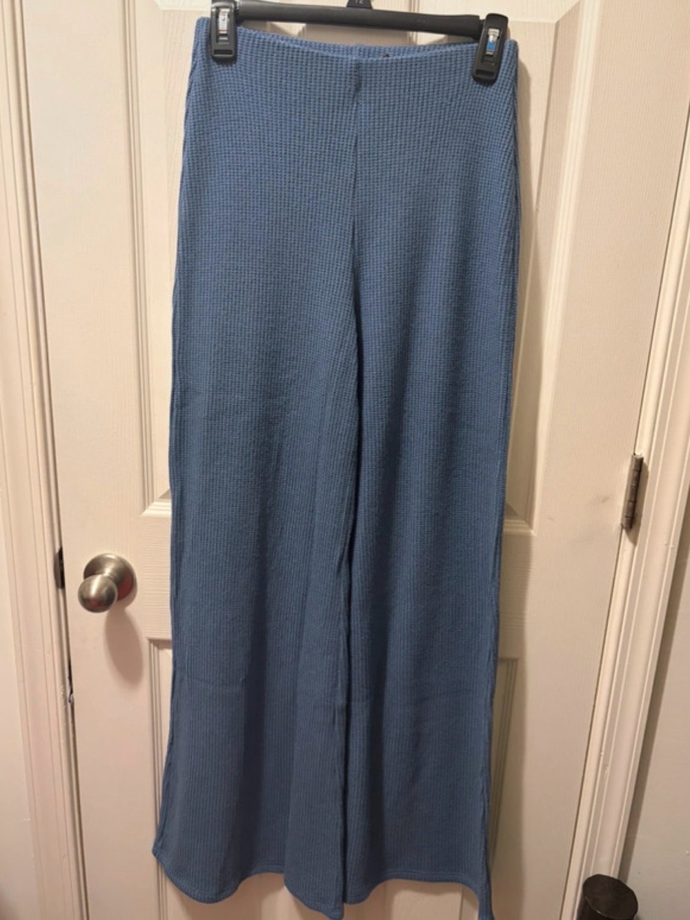 New in the bag Zenana Blue waffle knit pants size S. Elastic waist flared legs.